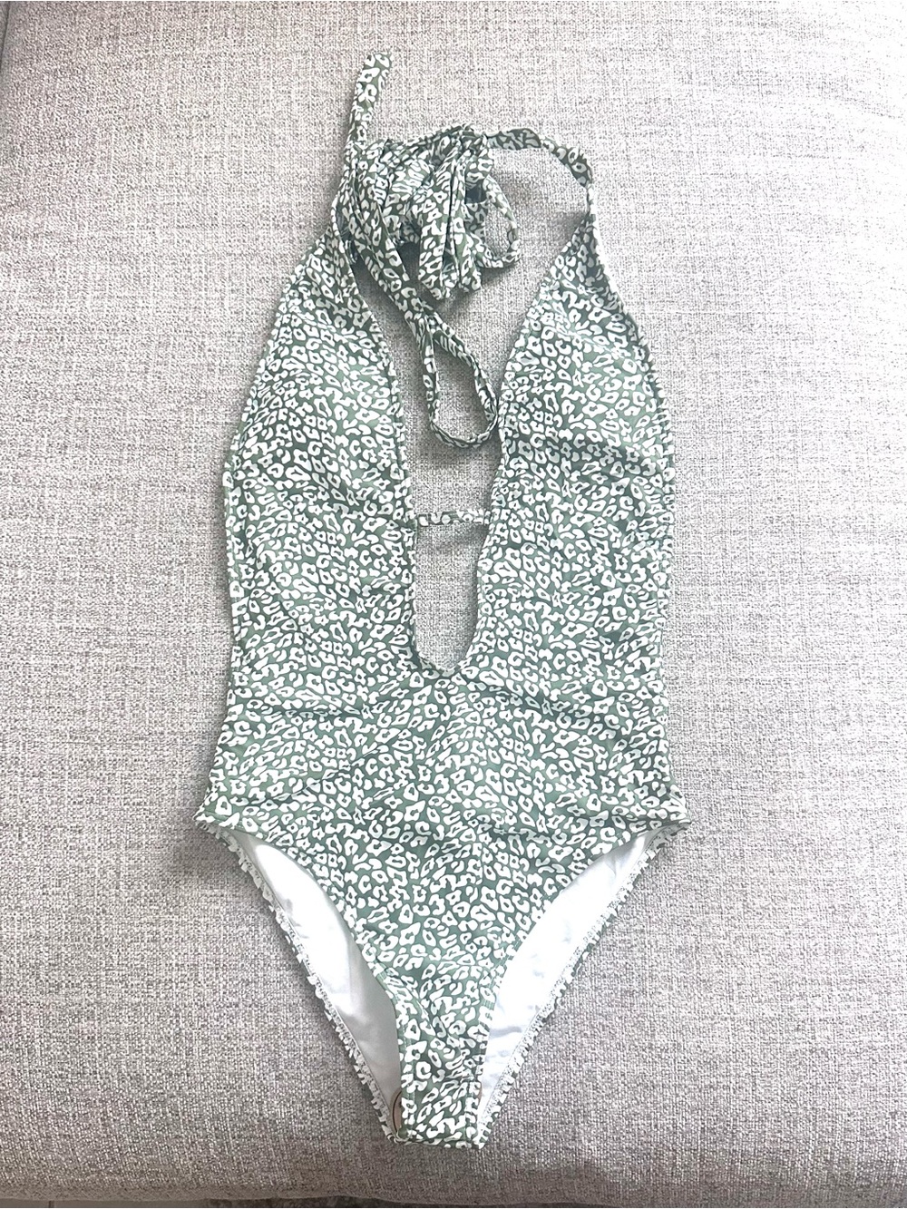 Women Halter One-Piece Swimsuit in Sage Green Leopard Print